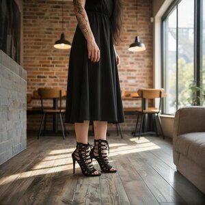 Andreja ✦ Black Lace-Up Stiletto Heels ✦ Open-Toe Suede Look Gold Accents Size 7